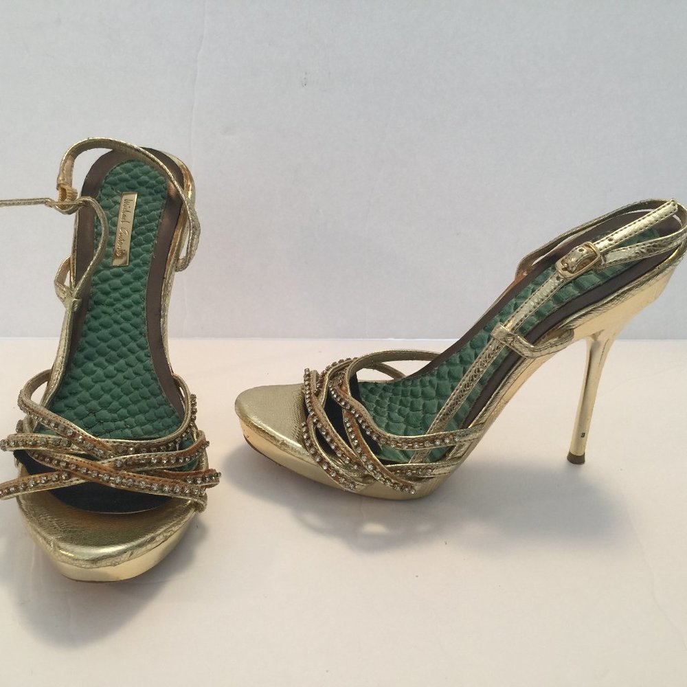 Michael Antonio Gold Strappy High Heel Sandals with Green Insole